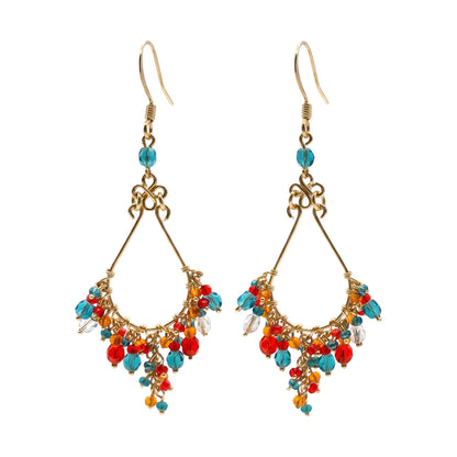 Multicolor Fire Polished Bead Chandelier Earrings Gold Tone Stainless Steel Boho Dangle Jewelry Handmade Statement Gift