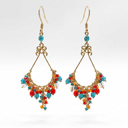 Multicolor Fire Polished Bead Chandelier Earrings Gold Tone Stainless Steel Boho Dangle Jewelry Handmade Statement Gift