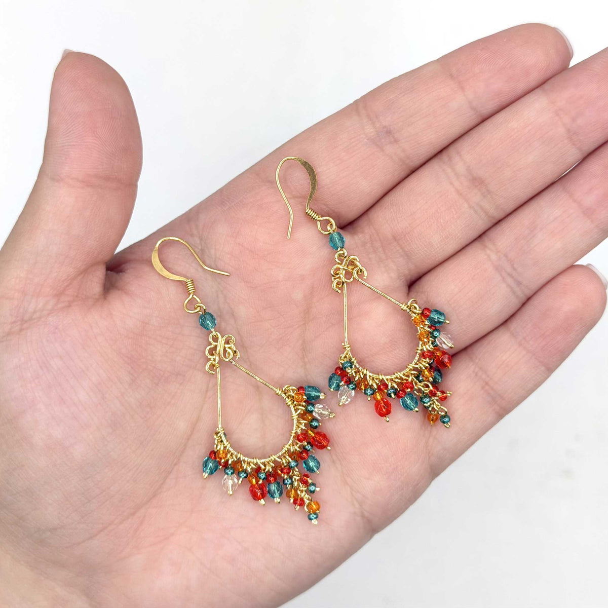 Multicolor Fire Polished Bead Chandelier Earrings Gold Tone Stainless Steel Boho Dangle Jewelry Handmade Statement Gift