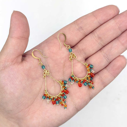 Multicolor Fire Polished Bead Chandelier Earrings Gold Tone Stainless Steel Boho Dangle Jewelry Handmade Statement Gift