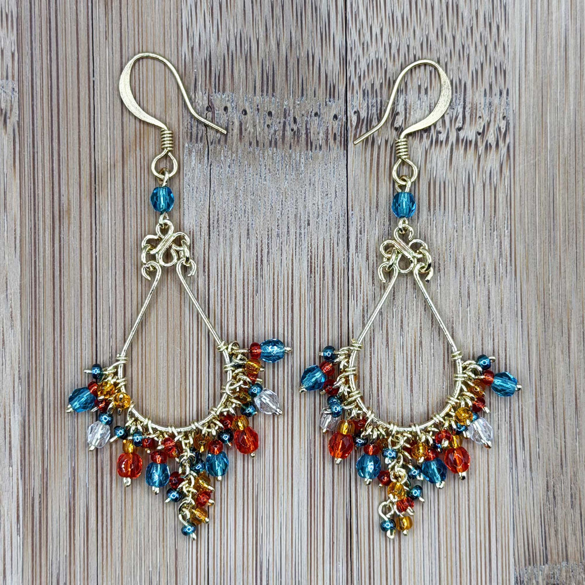 Multicolor Fire Polished Bead Chandelier Earrings Gold Tone Stainless Steel Boho Dangle Jewelry Handmade Statement Gift