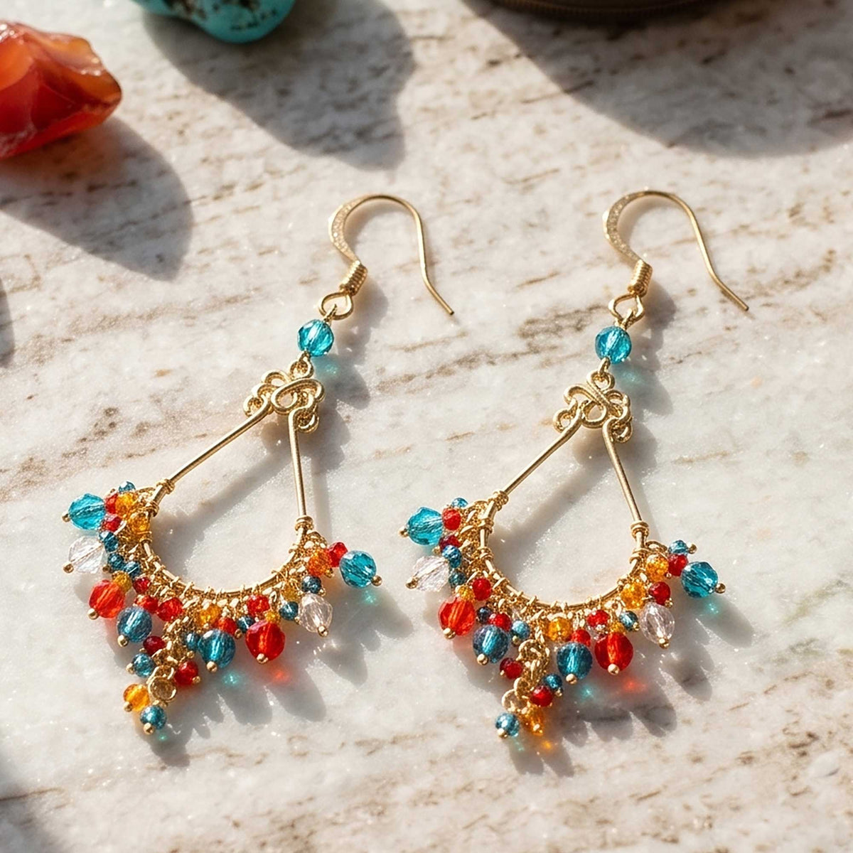 Multicolor Fire Polished Bead Chandelier Earrings Gold Tone Stainless Steel Boho Dangle Jewelry Handmade Statement Gift