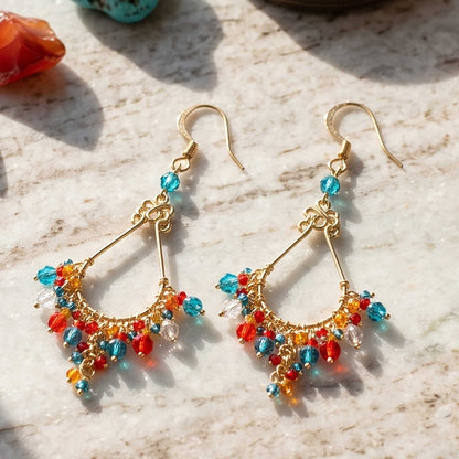 Multicolor Fire Polished Bead Chandelier Earrings Gold Tone Stainless Steel Boho Dangle Jewelry Handmade Statement Gift