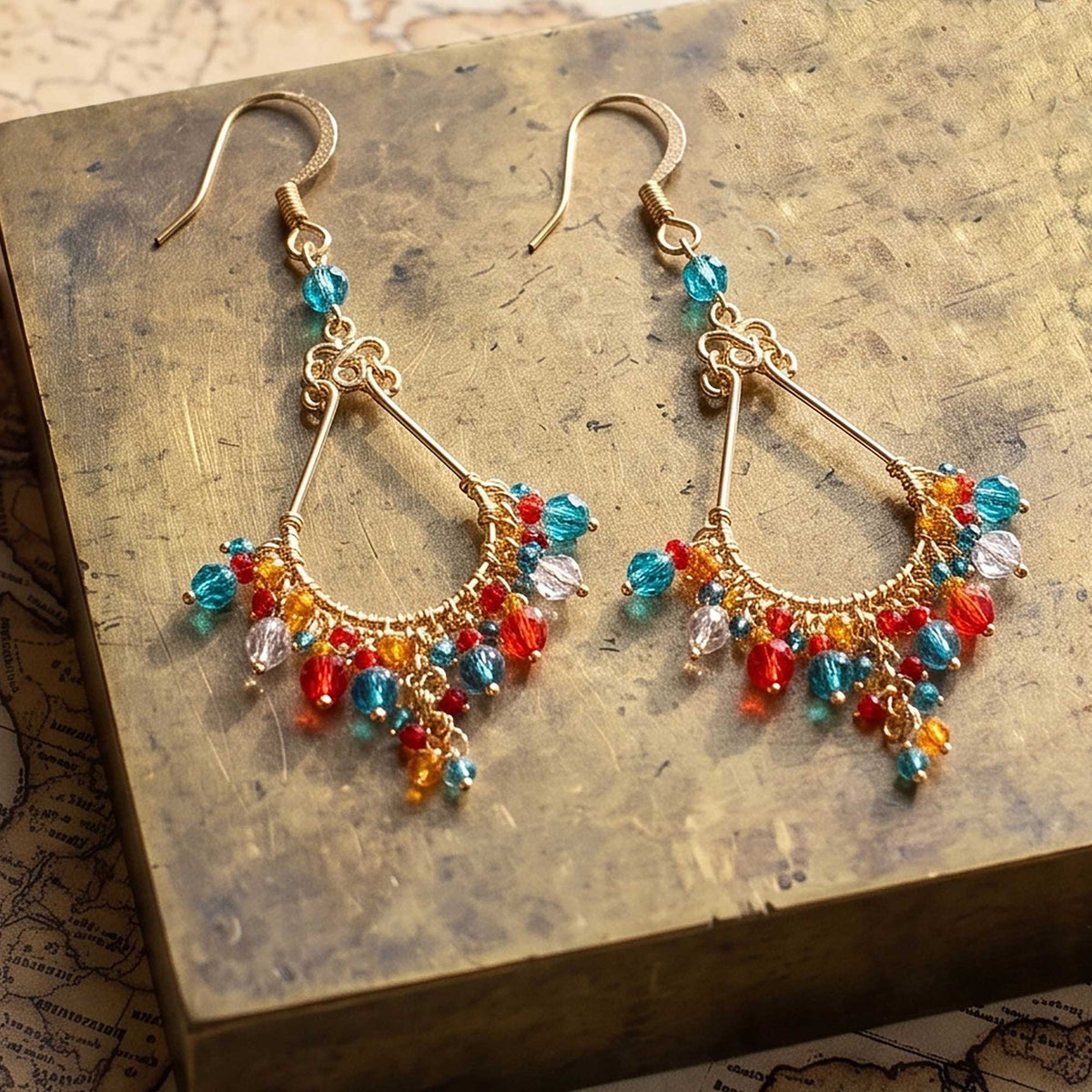 Multicolor Fire Polished Bead Chandelier Earrings Gold Tone Stainless Steel Boho Dangle Jewelry Handmade Statement Gift