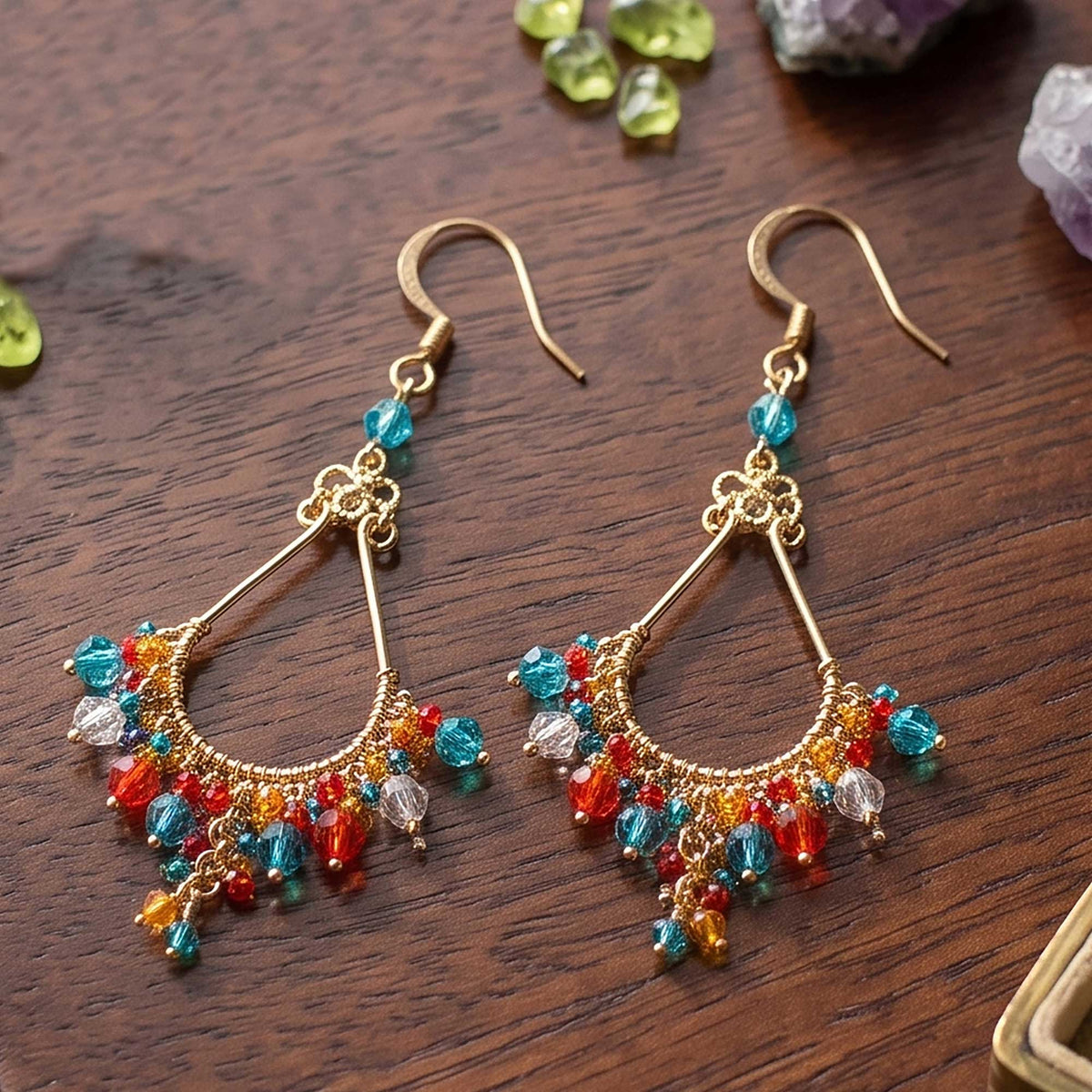 Multicolor Fire Polished Bead Chandelier Earrings Gold Tone Stainless Steel Boho Dangle Jewelry Handmade Statement Gift