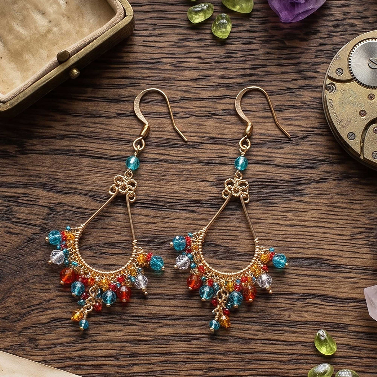 Multicolor Fire Polished Bead Chandelier Earrings Gold Tone Stainless Steel Boho Dangle Jewelry Handmade Statement Gift