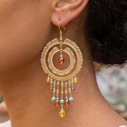 Multicolor Czech Bead Cleopatra Chandelier Earrings Gold Tone Stainless Steel Fringe Dangle Jewelry Boho Handmade Statement Gift