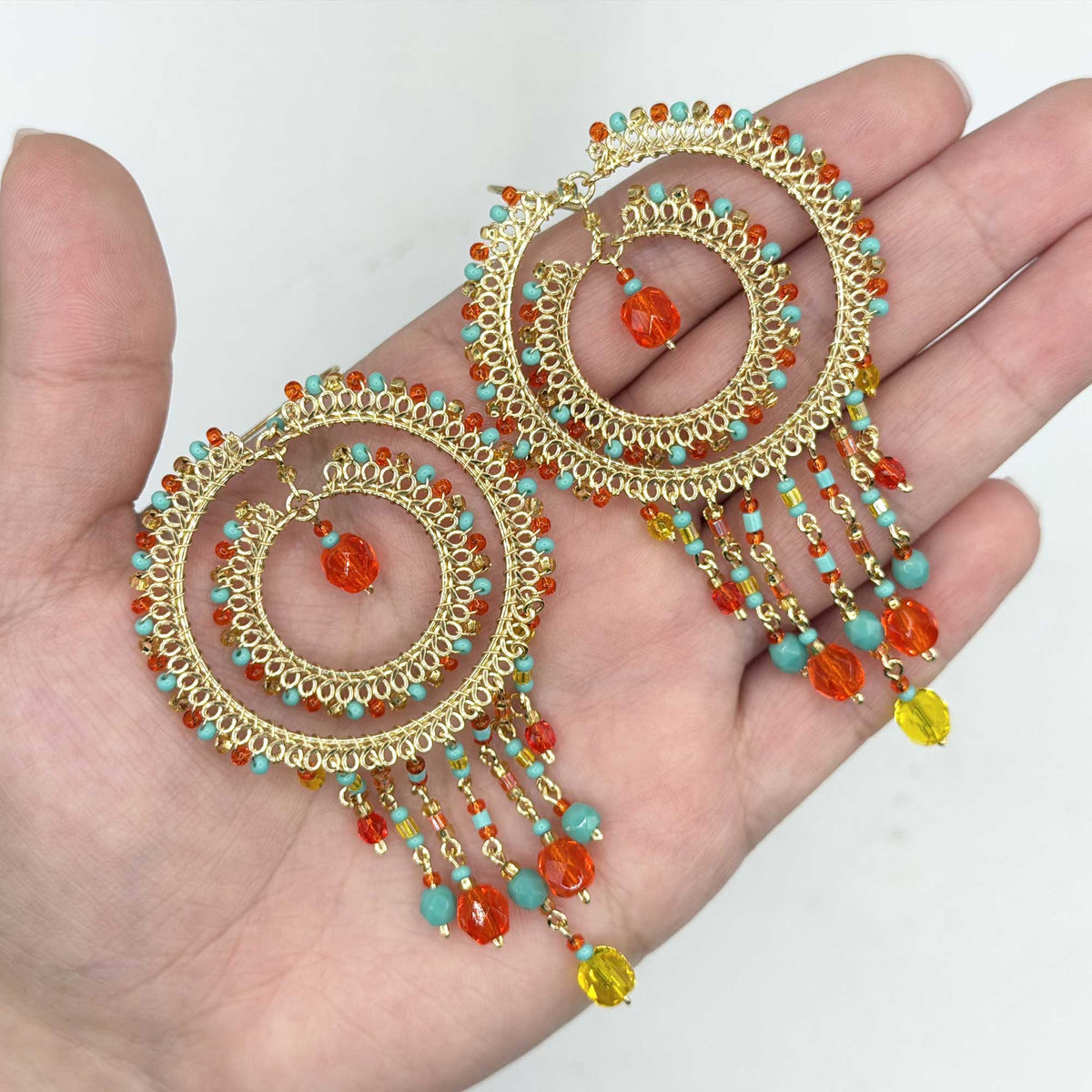 Multicolor Czech Bead Cleopatra Chandelier Earrings Gold Tone Stainless Steel Fringe Dangle Jewelry Boho Handmade Statement Gift