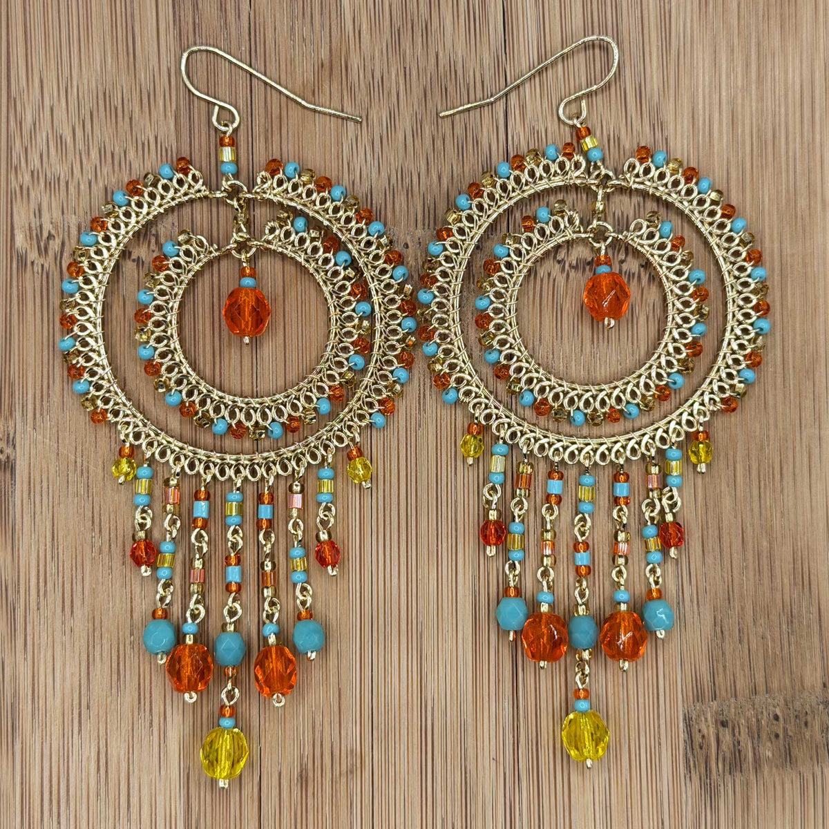 Multicolor Czech Bead Cleopatra Chandelier Earrings Gold Tone Stainless Steel Fringe Dangle Jewelry Boho Handmade Statement Gift