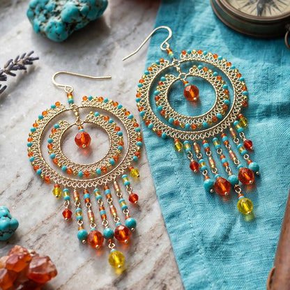 Multicolor Czech Bead Cleopatra Chandelier Earrings Gold Tone Stainless Steel Fringe Dangle Jewelry Boho Handmade Statement Gift