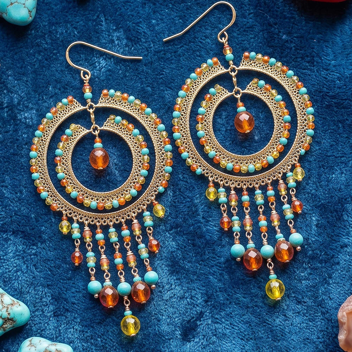 Multicolor Czech Bead Cleopatra Chandelier Earrings Gold Tone Stainless Steel Fringe Dangle Jewelry Boho Handmade Statement Gift
