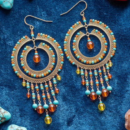 Multicolor Czech Bead Cleopatra Chandelier Earrings Gold Tone Stainless Steel Fringe Dangle Jewelry Boho Handmade Statement Gift