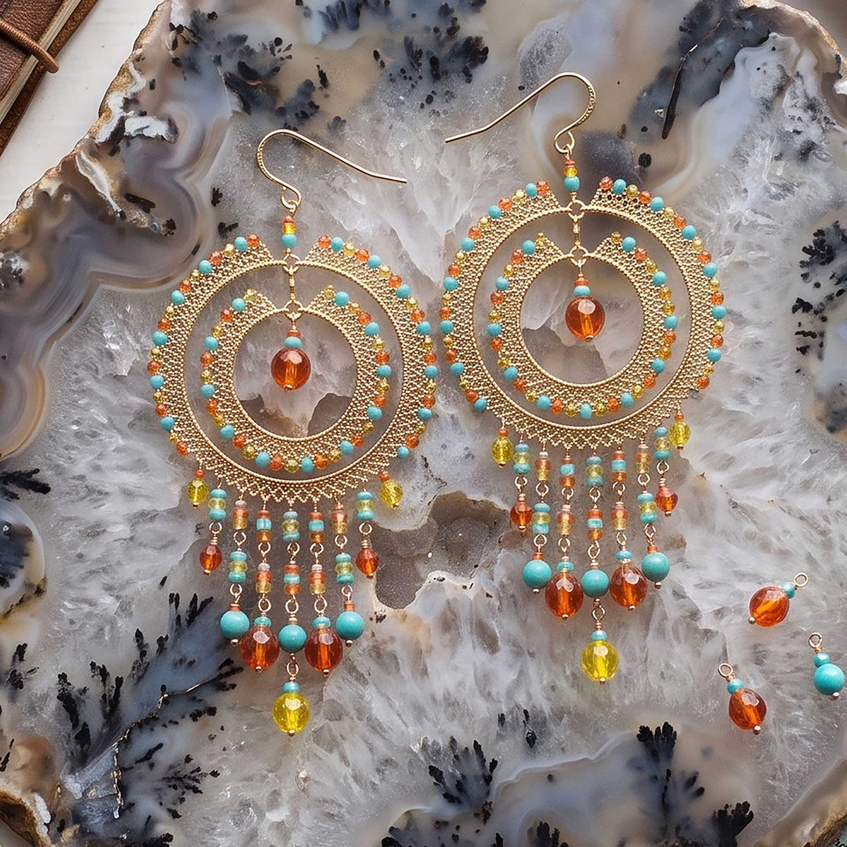 Multicolor Czech Bead Cleopatra Chandelier Earrings Gold Tone Stainless Steel Fringe Dangle Jewelry Boho Handmade Statement Gift
