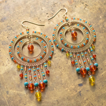 Multicolor Czech Bead Cleopatra Chandelier Earrings Gold Tone Stainless Steel Fringe Dangle Jewelry Boho Handmade Statement Gift