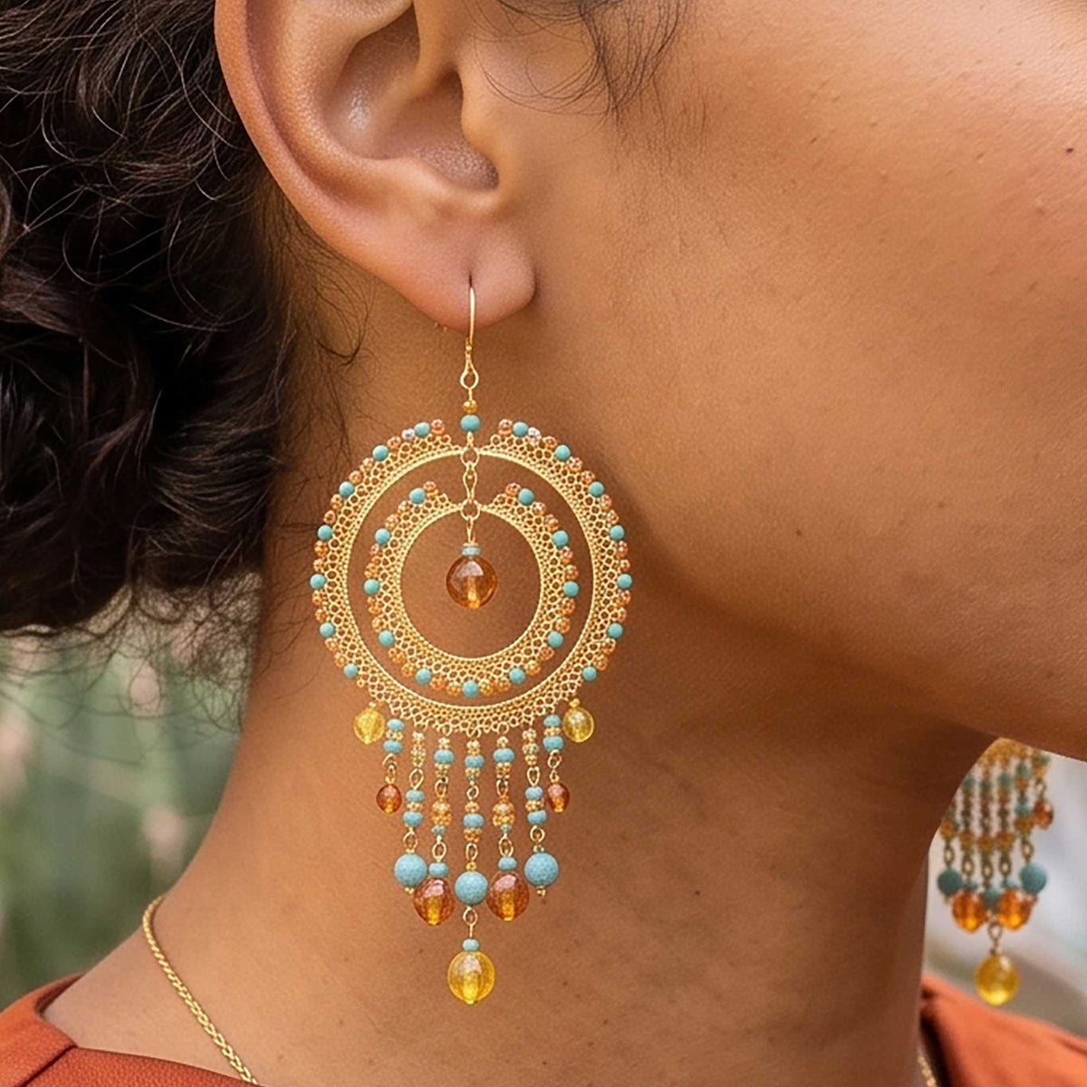 Multicolor Czech Bead Cleopatra Chandelier Earrings Gold Tone Stainless Steel Fringe Dangle Jewelry Boho Handmade Statement Gift