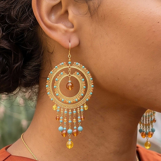 Multicolor Czech Bead Cleopatra Chandelier Earrings Gold Tone Stainless Steel Fringe Dangle Boho Statement Jewelry Handmade Gift