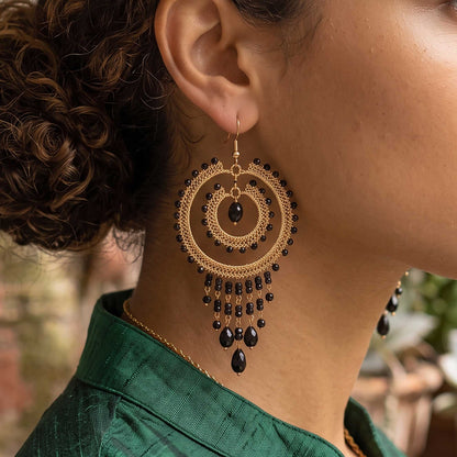 Black Czech Bead Chandelier Earrings Gold Tone Stainless Steel Fringe Dangle Jewelry Boho Handmade Statement Gift