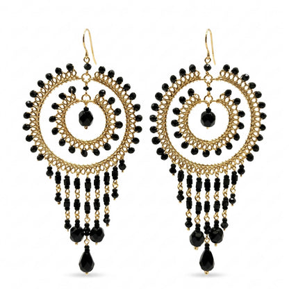 Black Czech Bead Chandelier Earrings Gold Tone Stainless Steel Fringe Dangle Jewelry Boho Handmade Statement Gift