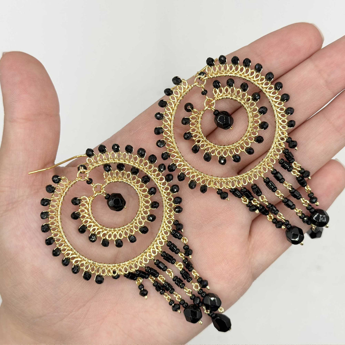 Black Czech Bead Chandelier Earrings Gold Tone Stainless Steel Fringe Dangle Jewelry Boho Handmade Statement Gift