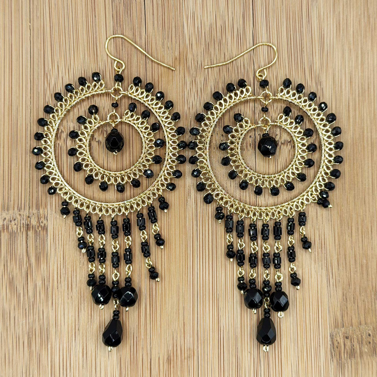 Black Czech Bead Chandelier Earrings Gold Tone Stainless Steel Fringe Dangle Jewelry Boho Handmade Statement Gift