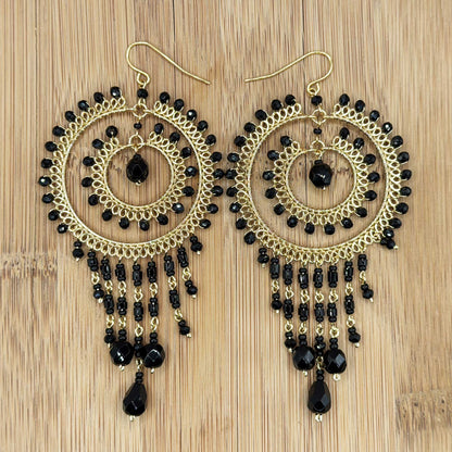 Black Czech Bead Chandelier Earrings Gold Tone Stainless Steel Fringe Dangle Jewelry Boho Handmade Statement Gift