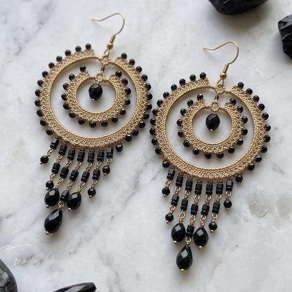 Black Czech Bead Chandelier Earrings Gold Tone Stainless Steel Fringe Dangle Jewelry Boho Handmade Statement Gift