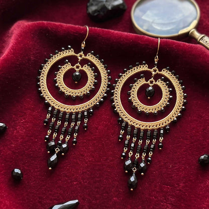 Black Czech Bead Chandelier Earrings Gold Tone Stainless Steel Fringe Dangle Jewelry Boho Handmade Statement Gift