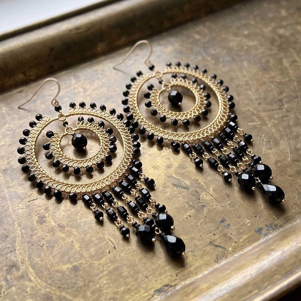 Black Czech Bead Chandelier Earrings Gold Tone Stainless Steel Fringe Dangle Jewelry Boho Handmade Statement Gift