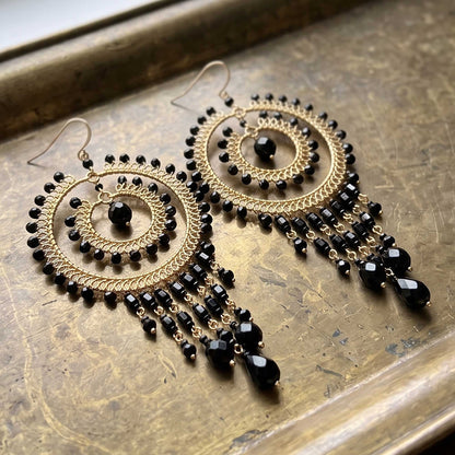 Black Czech Bead Chandelier Earrings Gold Tone Stainless Steel Fringe Dangle Jewelry Boho Handmade Statement Gift