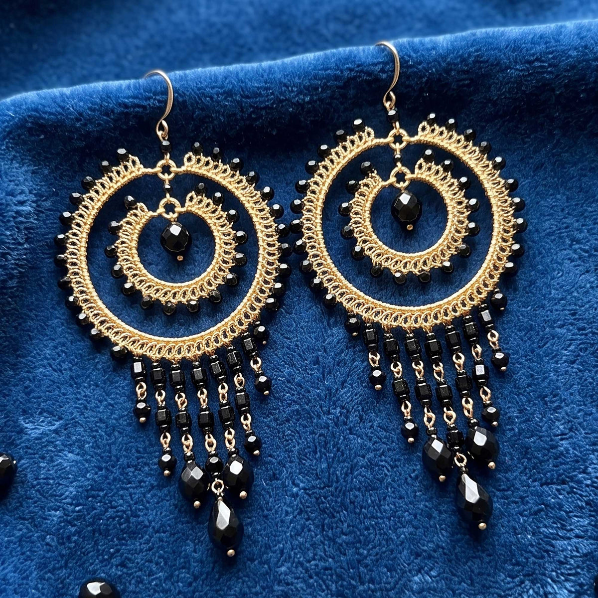Black Czech Bead Chandelier Earrings Gold Tone Stainless Steel Fringe Dangle Jewelry Boho Handmade Statement Gift