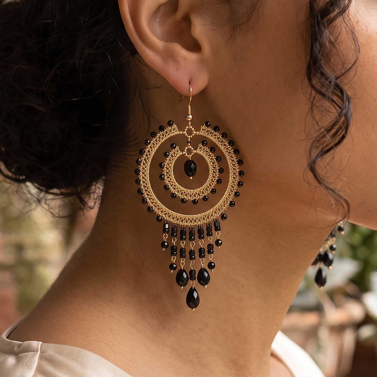 Black Czech Bead Chandelier Earrings Gold Tone Stainless Steel Fringe Dangle Jewelry Boho Handmade Statement Gift