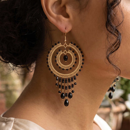 Black Czech Bead Chandelier Earrings Gold Tone Stainless Steel Fringe Dangle Jewelry Boho Handmade Statement Gift
