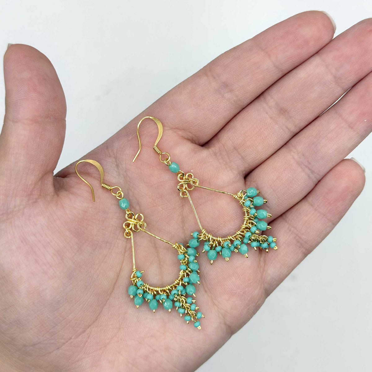 Fire Polished Bead Chandelier Earrings 2.25 Inch Gold Tone Stainless Steel Boho Dangle Drop Jewelry Handmade Statement Gift