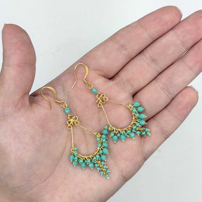 Fire Polished Bead Chandelier Earrings 2.25 Inch Gold Tone Stainless Steel Boho Dangle Drop Jewelry Handmade Statement Gift