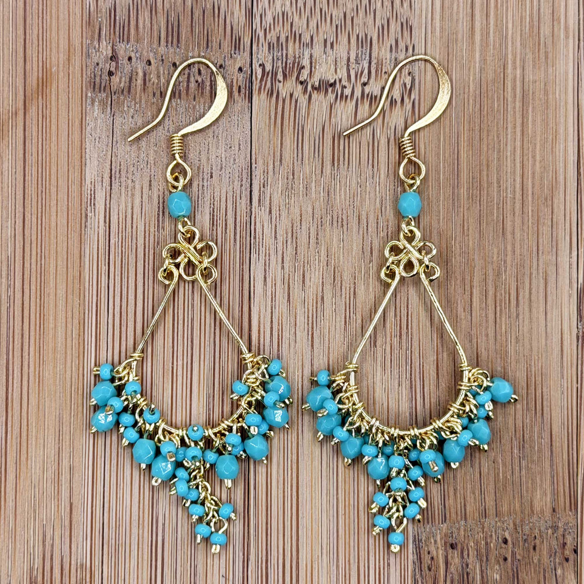 Fire Polished Bead Chandelier Earrings 2.25 Inch Gold Tone Stainless Steel Boho Dangle Drop Jewelry Handmade Statement Gift