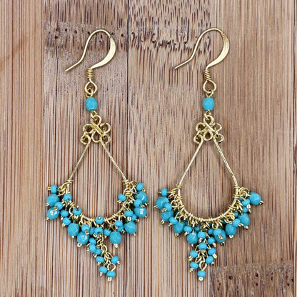 Fire Polished Bead Chandelier Earrings 2.25 Inch Gold Tone Stainless Steel Boho Dangle Drop Jewelry Handmade Statement Gift