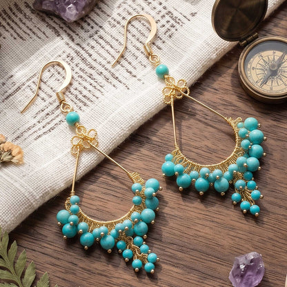 Fire Polished Bead Chandelier Earrings 2.25 Inch Gold Tone Stainless Steel Boho Dangle Drop Jewelry Handmade Statement Gift