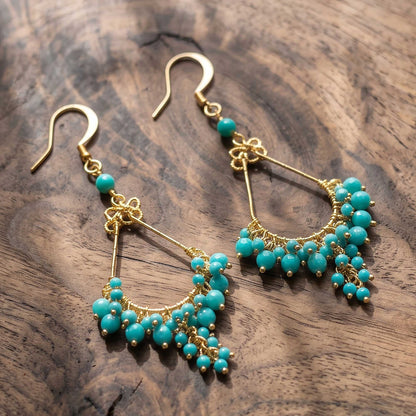 Fire Polished Bead Chandelier Earrings 2.25 Inch Gold Tone Stainless Steel Boho Dangle Drop Jewelry Handmade Statement Gift