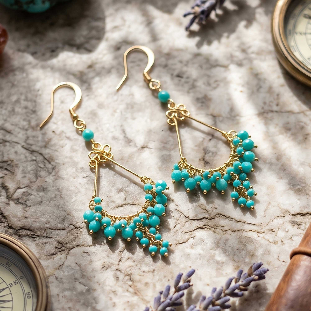 Fire Polished Bead Chandelier Earrings 2.25 Inch Gold Tone Stainless Steel Boho Dangle Drop Jewelry Handmade Statement Gift
