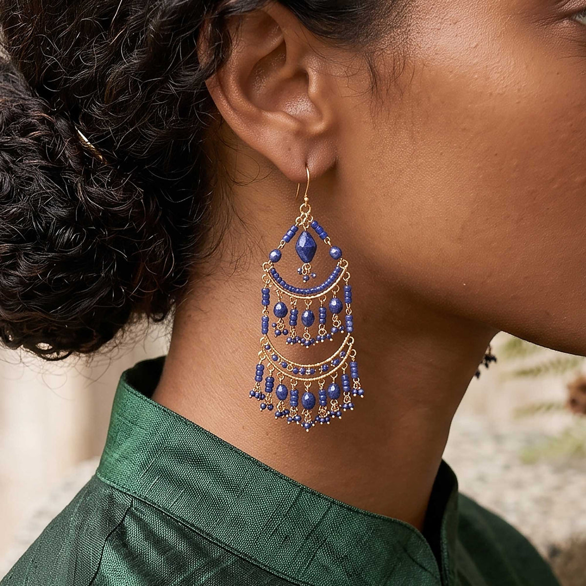 Blue Fire Polished Bead Chandelier Earrings Gold Tone Stainless Steel Multi-Layer Boho Statement Dangle Jewelry Handmade Gift