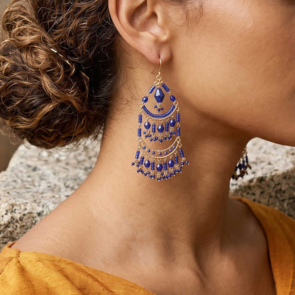 Blue Fire Polished Bead Chandelier Earrings Gold Tone Stainless Steel Multi-Layer Boho Statement Dangle Jewelry Handmade Gift