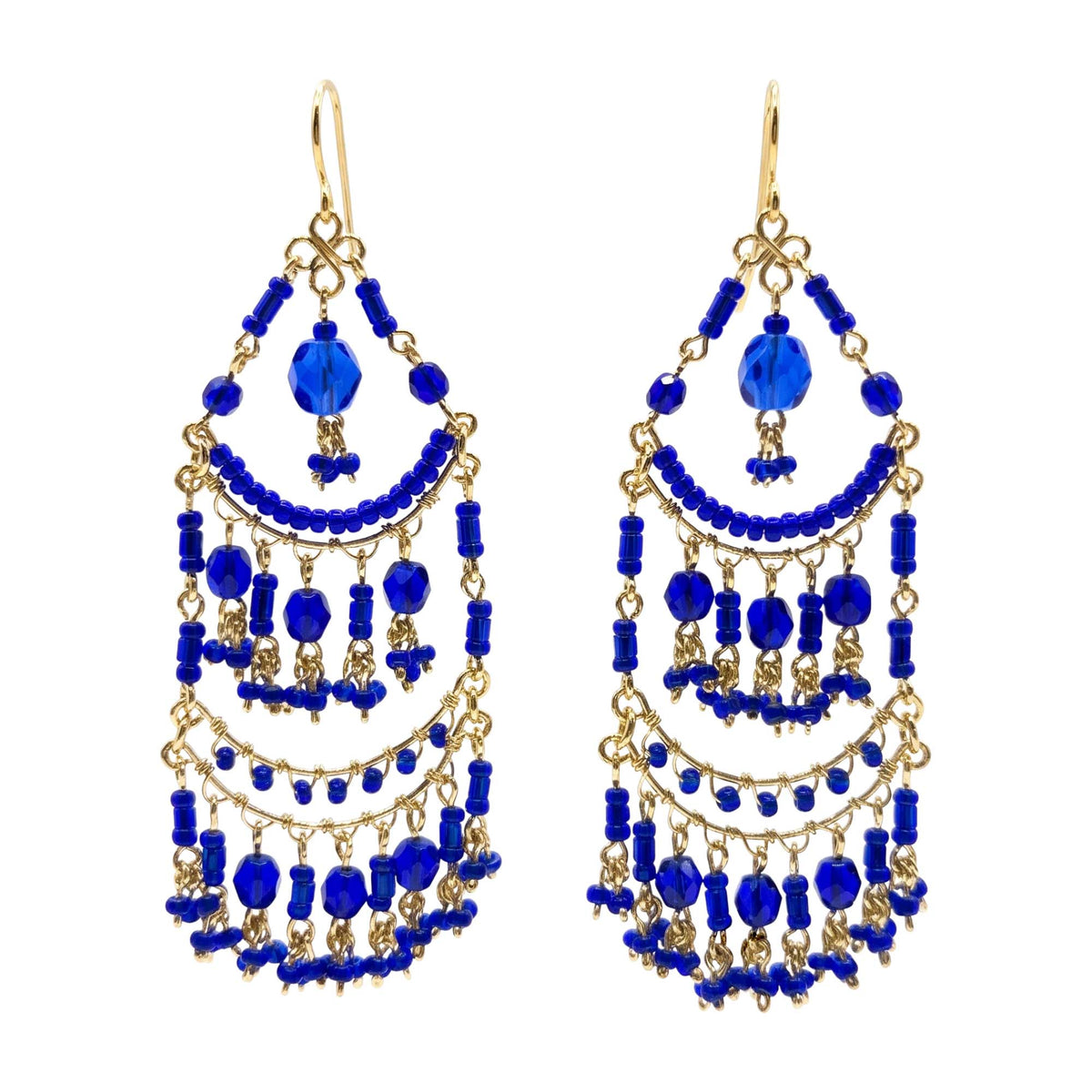 Blue Fire Polished Bead Chandelier Earrings Gold Tone Stainless Steel Multi-Layer Boho Statement Dangle Jewelry Handmade Gift