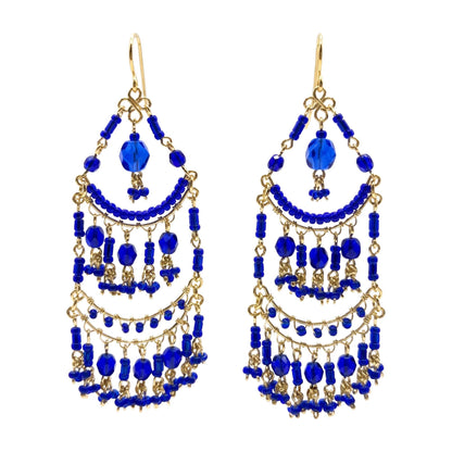 Blue Fire Polished Bead Chandelier Earrings Gold Tone Stainless Steel Multi-Layer Boho Statement Dangle Jewelry Handmade Gift