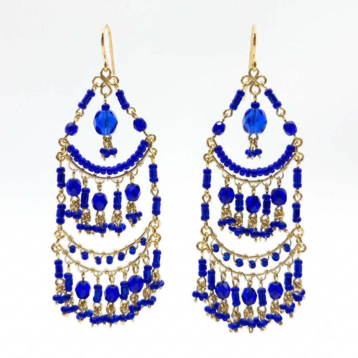 Blue Fire Polished Bead Chandelier Earrings Gold Tone Stainless Steel Multi-Layer Boho Statement Dangle Jewelry Handmade Gift