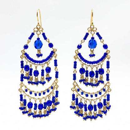 Blue Fire Polished Bead Chandelier Earrings Gold Tone Stainless Steel Multi-Layer Boho Statement Dangle Jewelry Handmade Gift