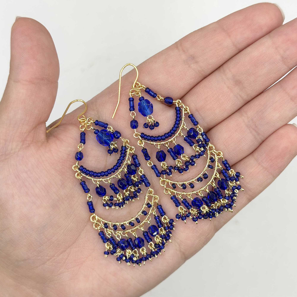 Blue Fire Polished Bead Chandelier Earrings Gold Tone Stainless Steel Multi-Layer Boho Statement Dangle Jewelry Handmade Gift