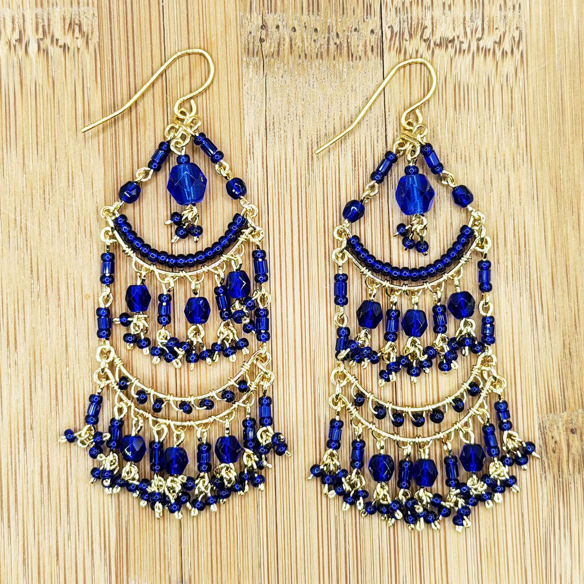 Blue Fire Polished Bead Chandelier Earrings Gold Tone Stainless Steel Multi-Layer Boho Statement Dangle Jewelry Handmade Gift