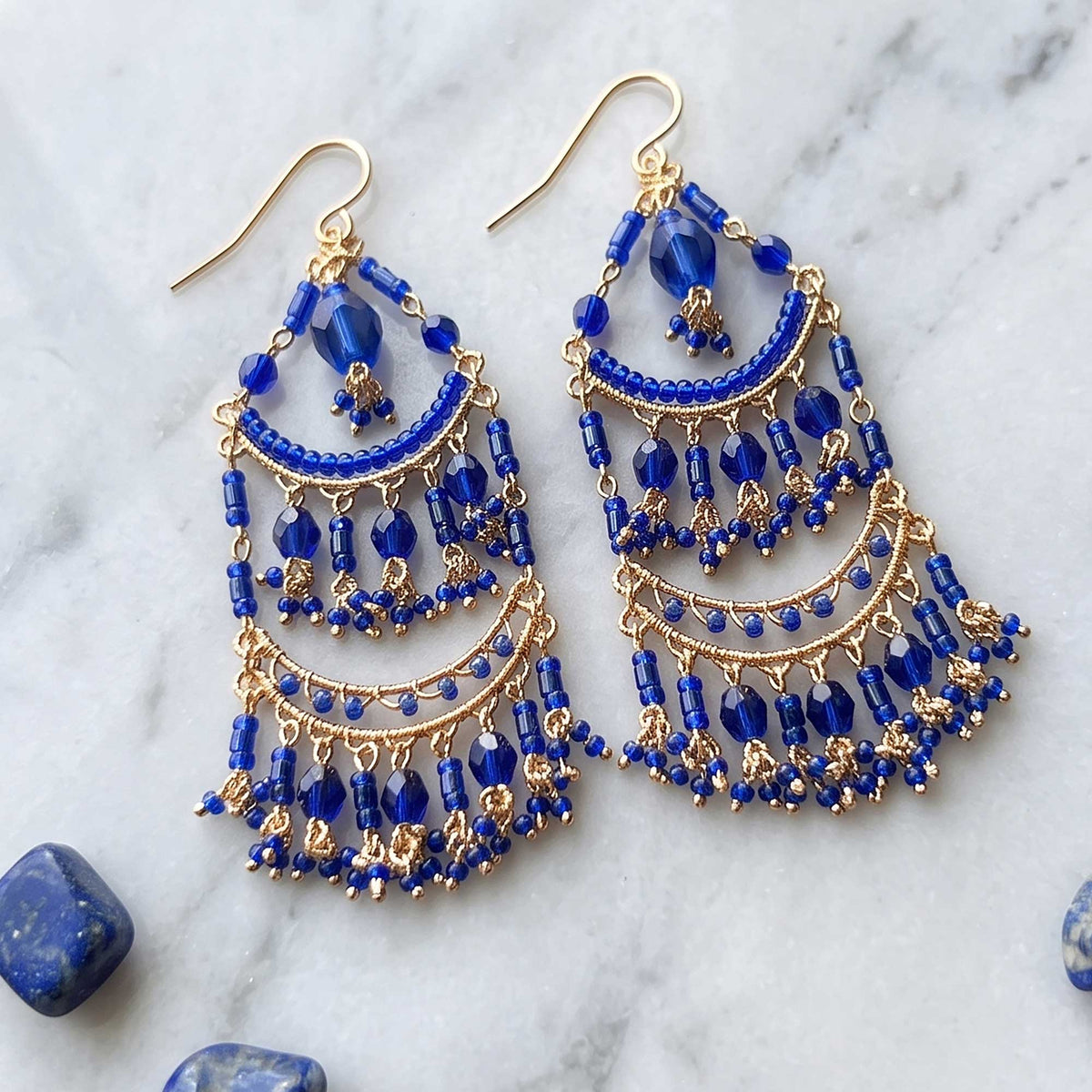 Blue Fire Polished Bead Chandelier Earrings Gold Tone Stainless Steel Multi-Layer Boho Statement Dangle Jewelry Handmade Gift
