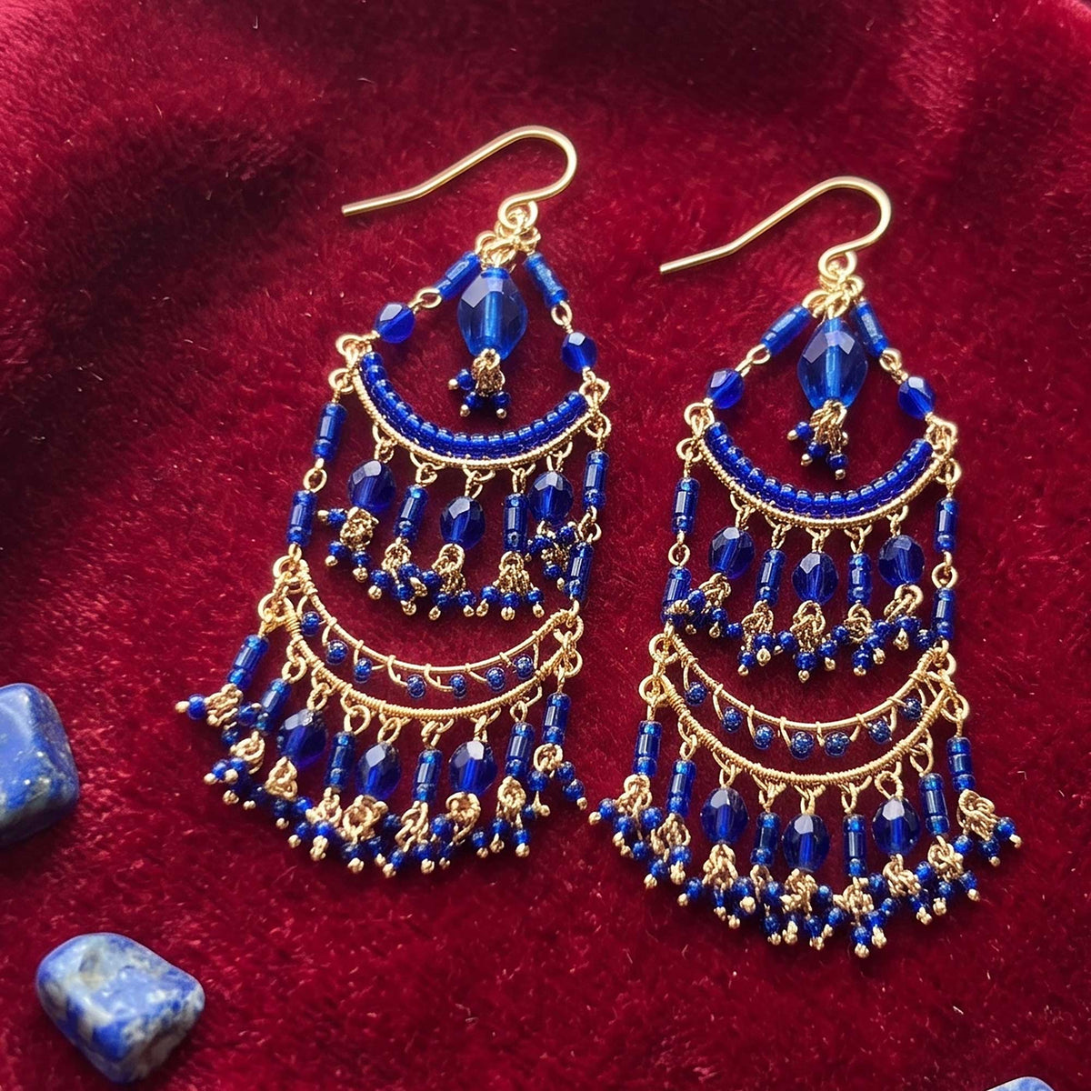 Blue Fire Polished Bead Chandelier Earrings Gold Tone Stainless Steel Multi-Layer Boho Statement Dangle Jewelry Handmade Gift