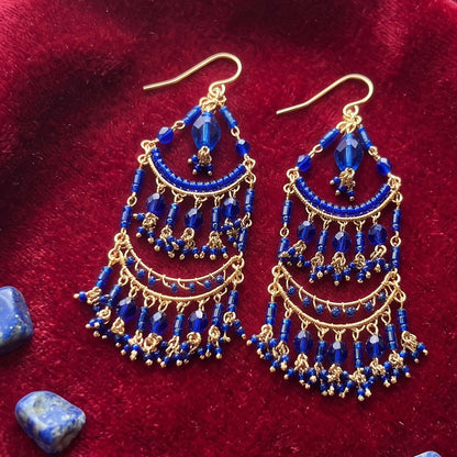 Blue Fire Polished Bead Chandelier Earrings Gold Tone Stainless Steel Multi-Layer Boho Statement Dangle Jewelry Handmade Gift